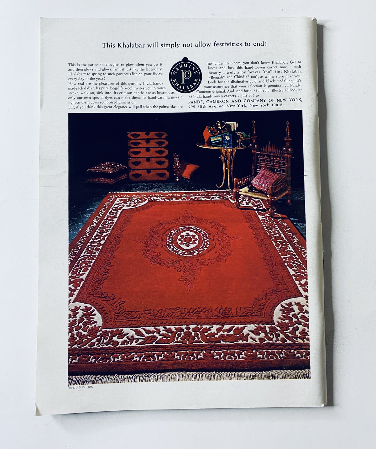 Back cover advertisement of The New Yorker Magazine, December 5, 1970, featuring a vibrant red rug with a decorative design and seating arrangement.
