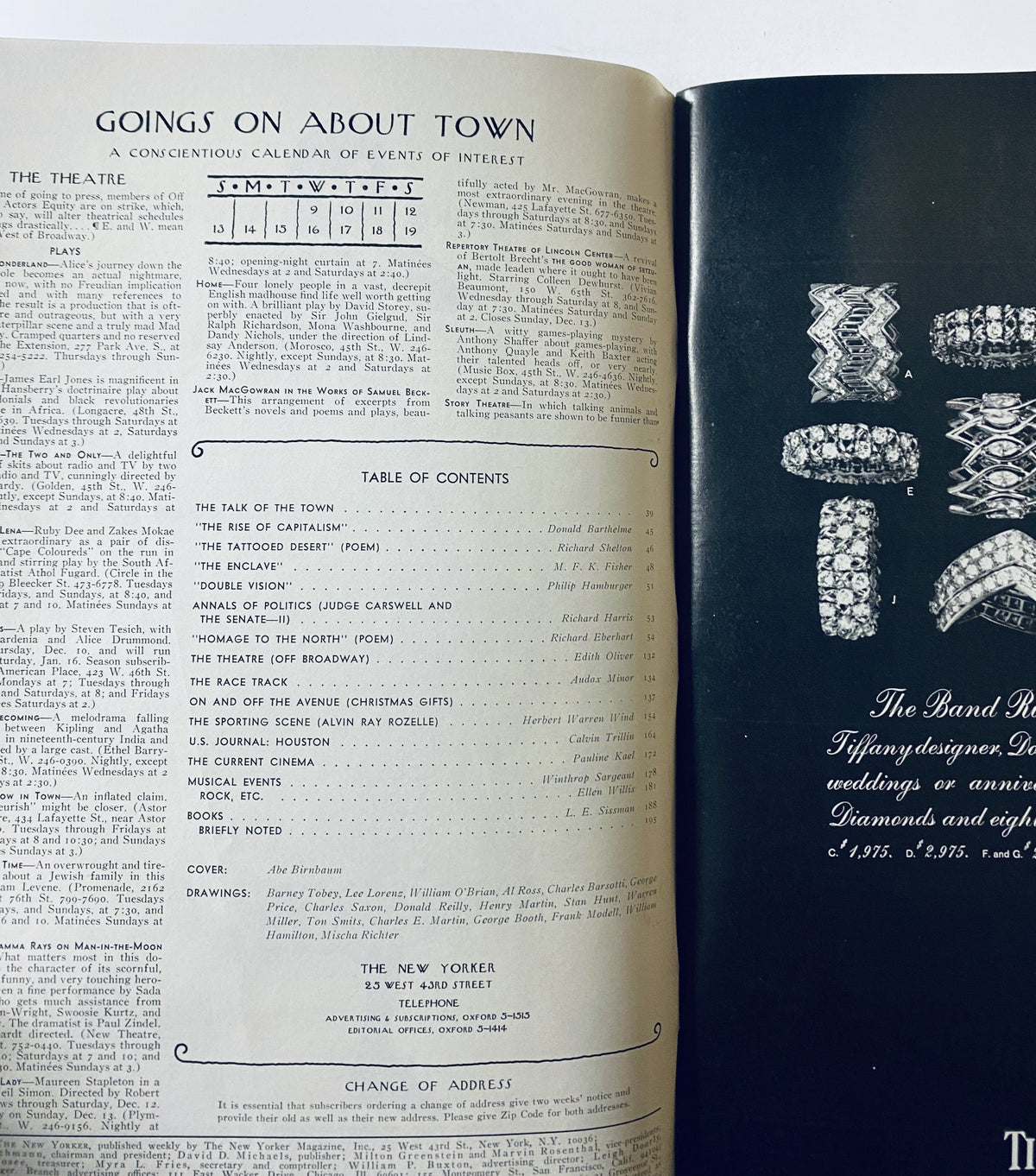 Interior page of The New Yorker Magazine December 12, 1970 displaying the Table of Contents and cultural events, including 'THE TALK OF THE TOWN' and notable articles alongside advertisements.