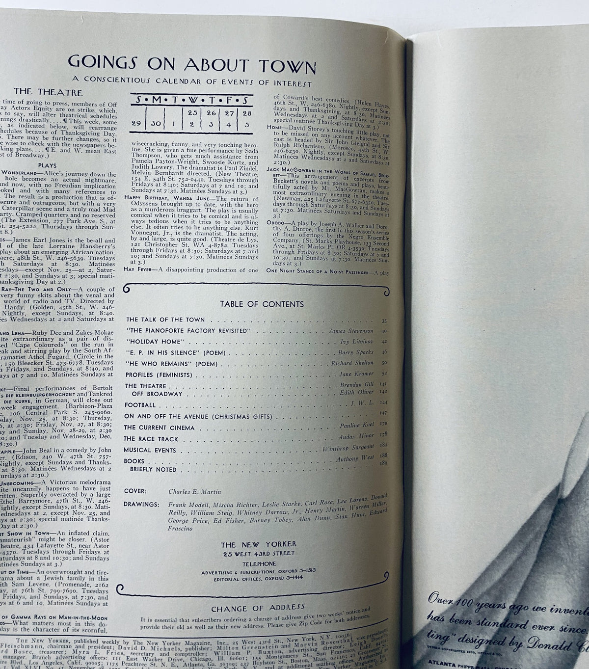 Inside page of The New Yorker magazine from November 28, 1970, displaying the Table of Contents and Goings On About Town section, highlighting events and articles.