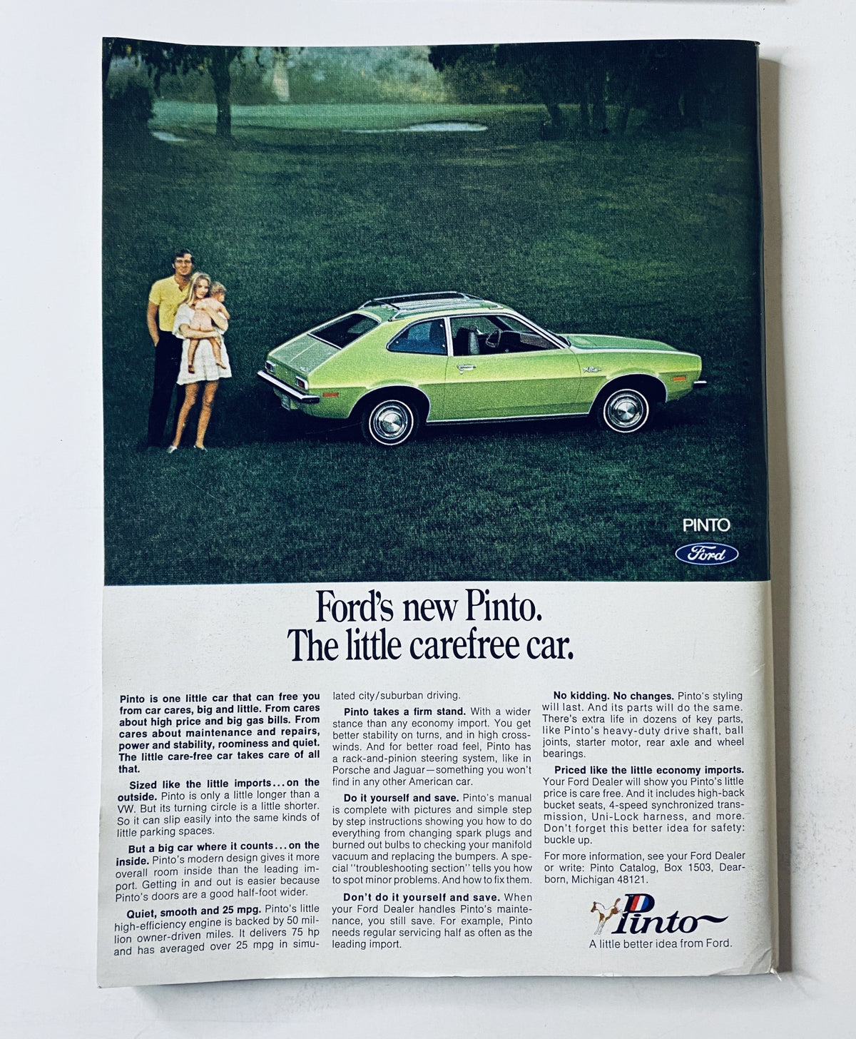 Advertisement for Ford's new Pinto in The New Yorker Magazine, showcasing the car with a family, emphasizing the carefree lifestyle associated with the vehicle.