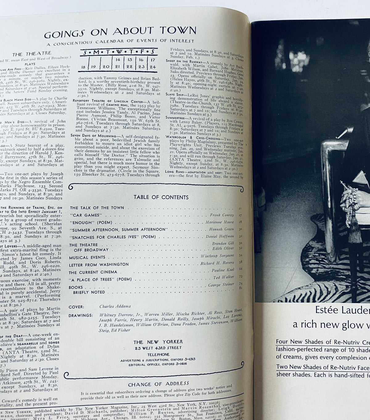 Inside page of The New Yorker Magazine January 17, 1970 showcasing 'Goings On About Town' section and the Table of Contents.