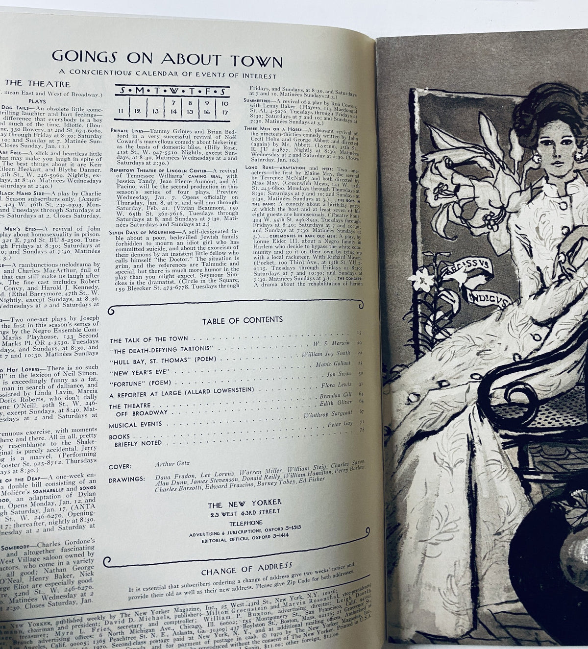 Interior page of The New Yorker Magazine January 10, 1970 showcasing the Table of Contents and a calendar of local events.