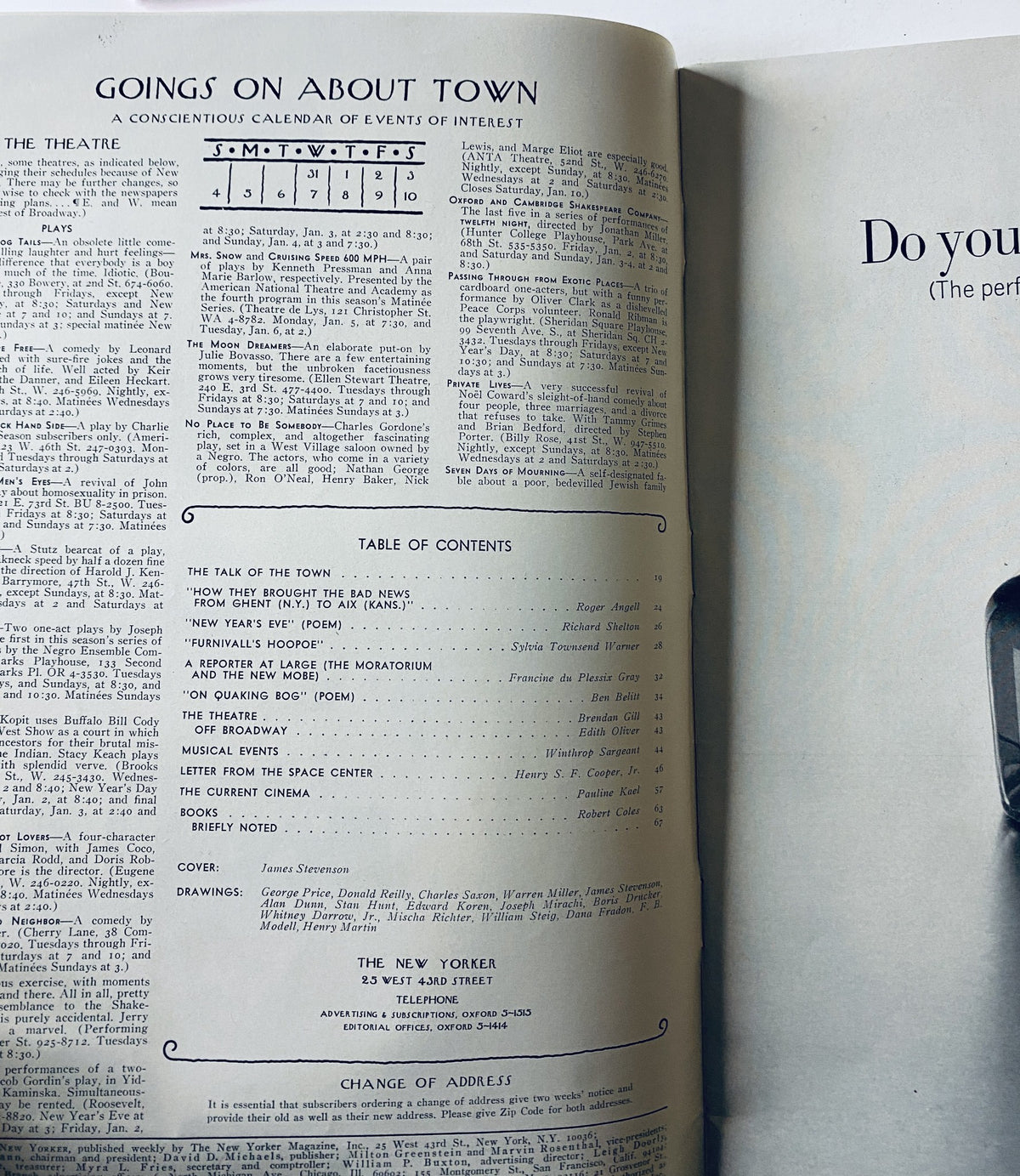 Inside page of The New Yorker Magazine from January 3, 1970, featuring a calendar of events and the Table of Contents, related to the cover titled 'The New Yorker Magazine January 3, 1970 Carnival Poster Cover James Stevenson VG.'