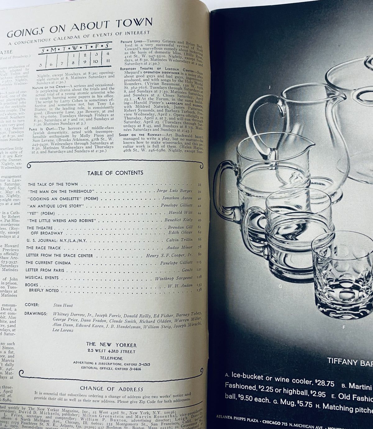 Interior page of The New Yorker Magazine, April 4, 1970, displaying the table of contents and a section titled 'Going's On About Town', listing events of interest.