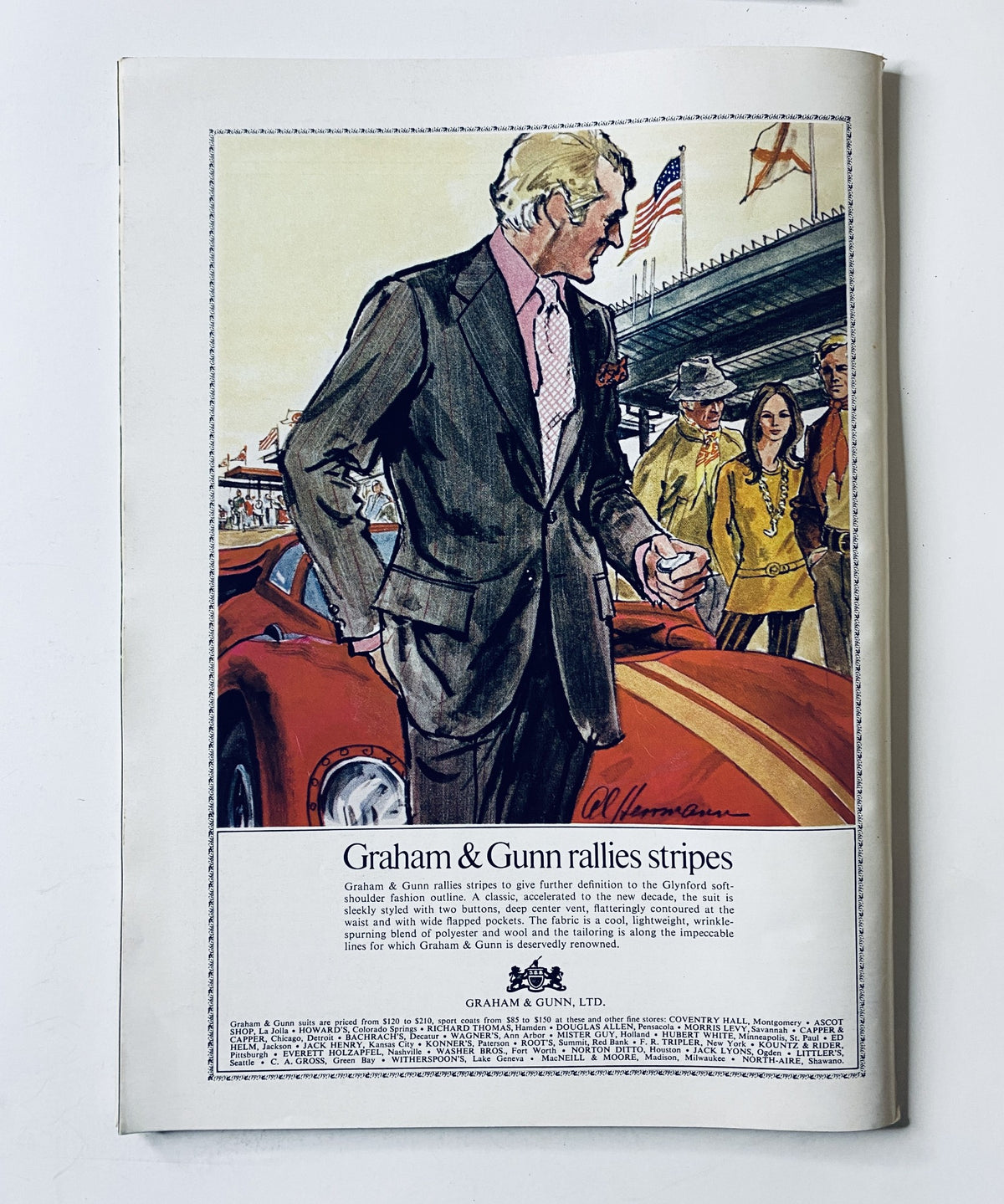 Advertisement featured in The New Yorker Magazine, April 4, 1970, showcasing Graham & Gunn's fashion with a dapper man in a tailored suit at a car rally.