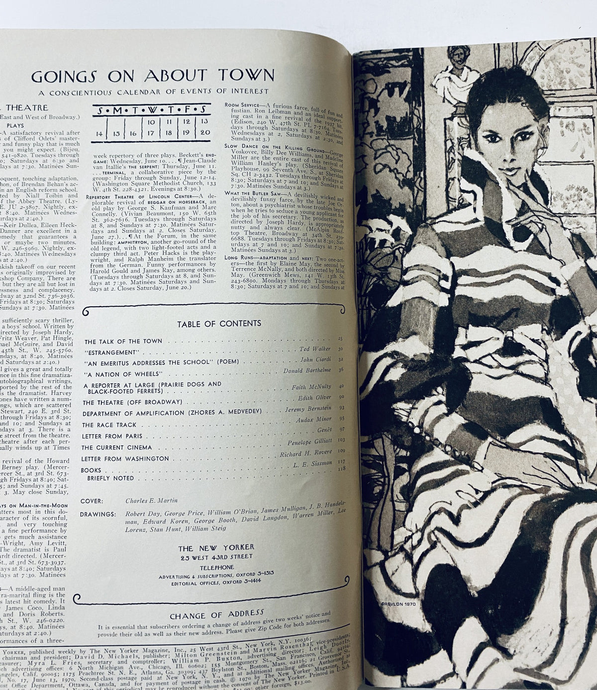 Inside spread of The New Yorker Magazine June 13, 1970 showing the table of contents and a stylish illustration of a woman in an artistic setting.