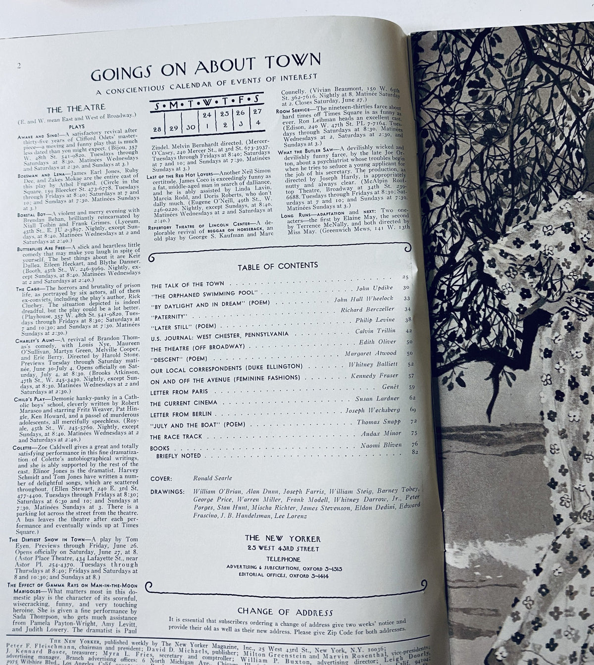 Inside spread of The New Yorker Magazine June 27, 1970 showing a calendar of events titled 'Goings on about Town' and the Table of Contents with featured articles by notable authors.