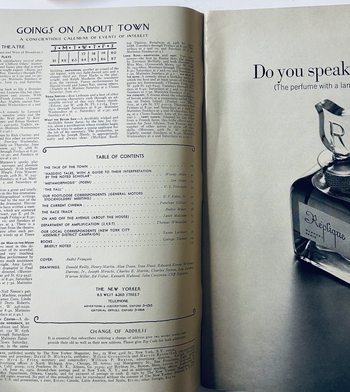 Goings on About Town section from The New Yorker Magazine June 20, 1970 featuring a detailed Table of Contents and calendar of events, presenting various articles including Woody Allen's 'Hassidic Tales.'