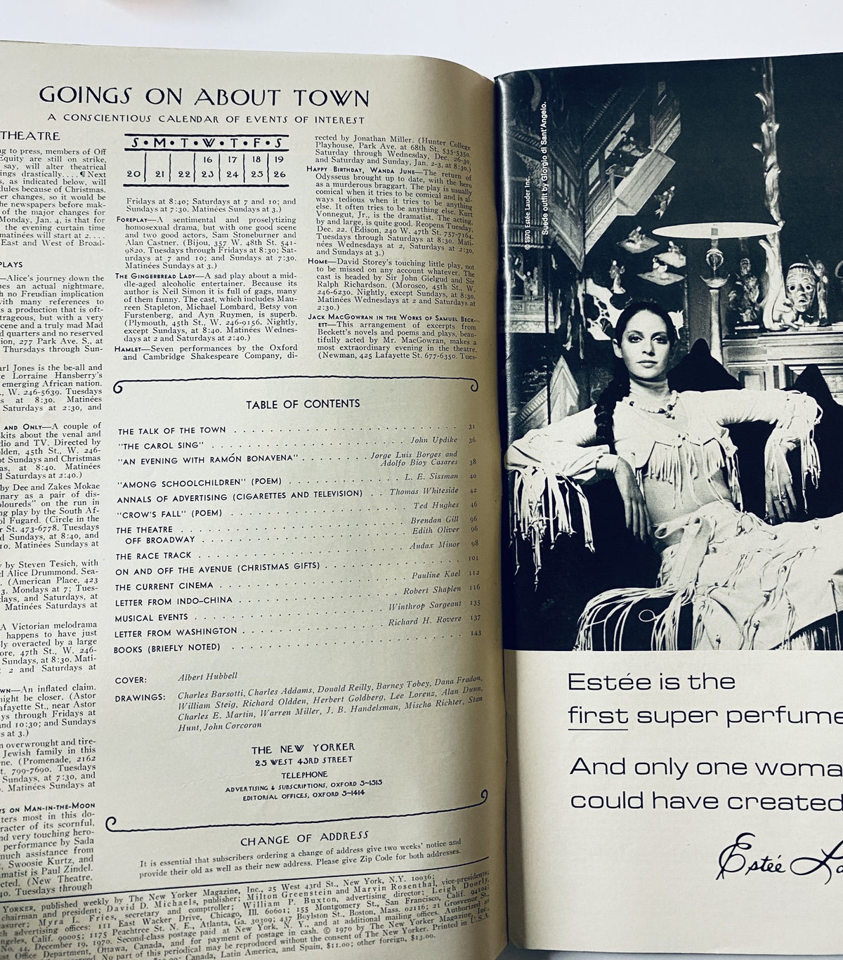 Interior page featuring the Table of Contents and 'Goings on About Town' section from The New Yorker Magazine December 19, 1970, showcasing various articles including 'The Carol Sing'.