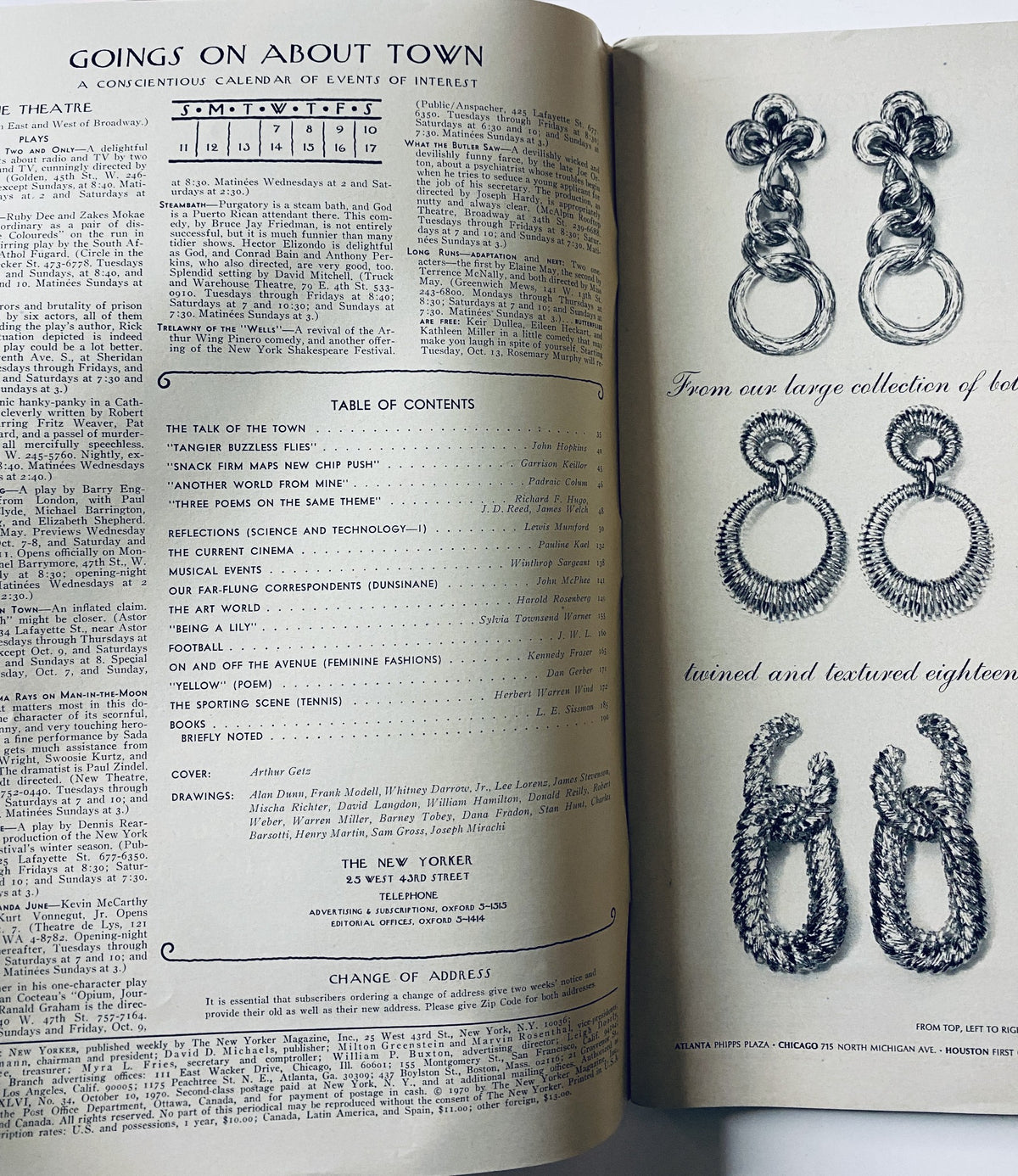 Inside spread of The New Yorker Magazine from October 10, 1970, displaying the Table of Contents and event calendar titled 'Goings On About Town'.