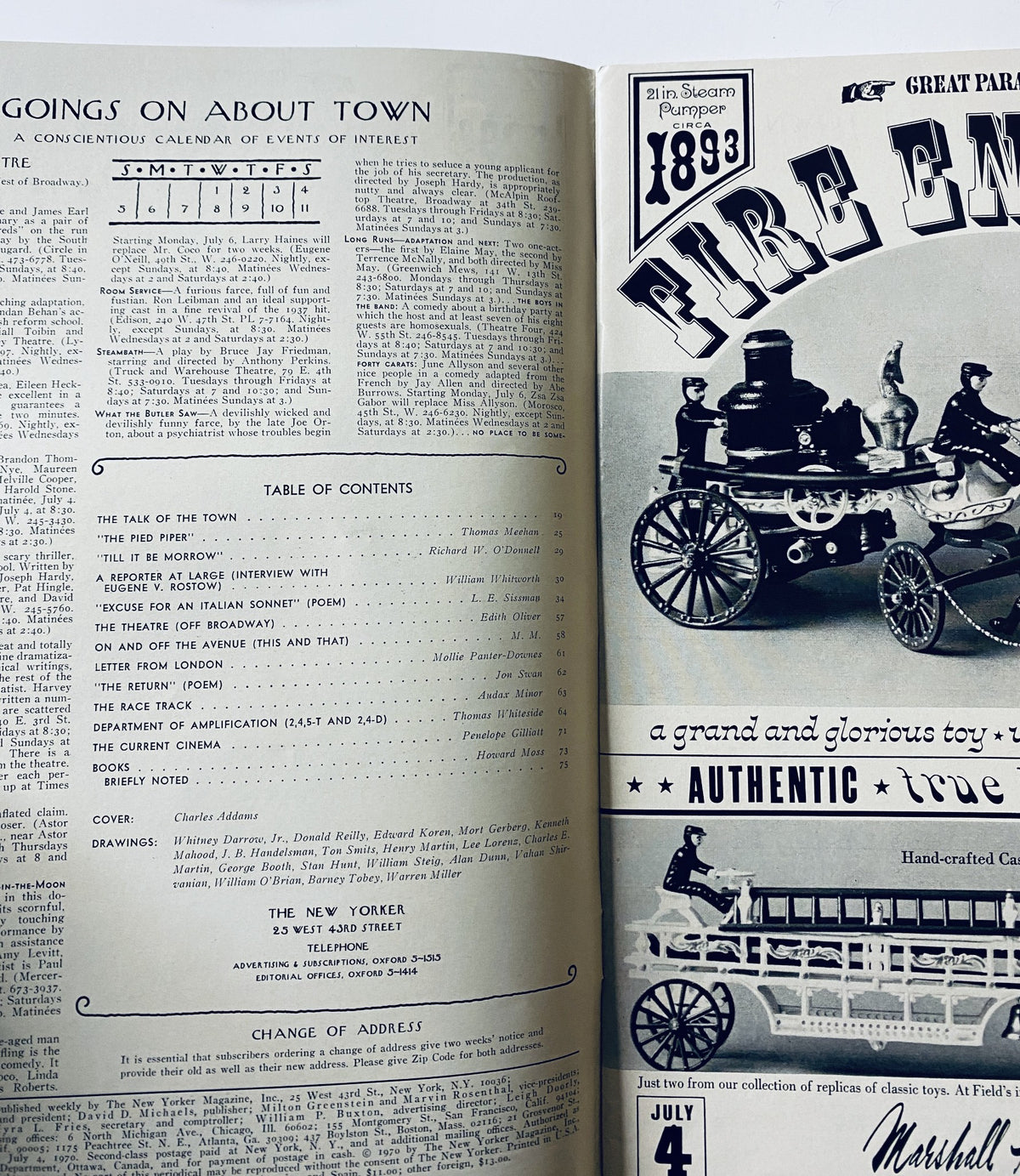 Interior page of The New Yorker Magazine July 4, 1970, displaying the Table of Contents and a calendar of events titled 'Goings On About Town'.
