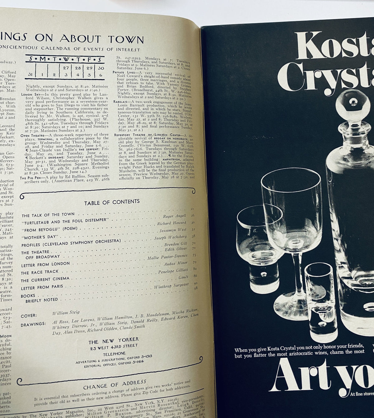 Interior page of The New Yorker Magazine May 30, 1970 showcasing the table of contents and events calendar.