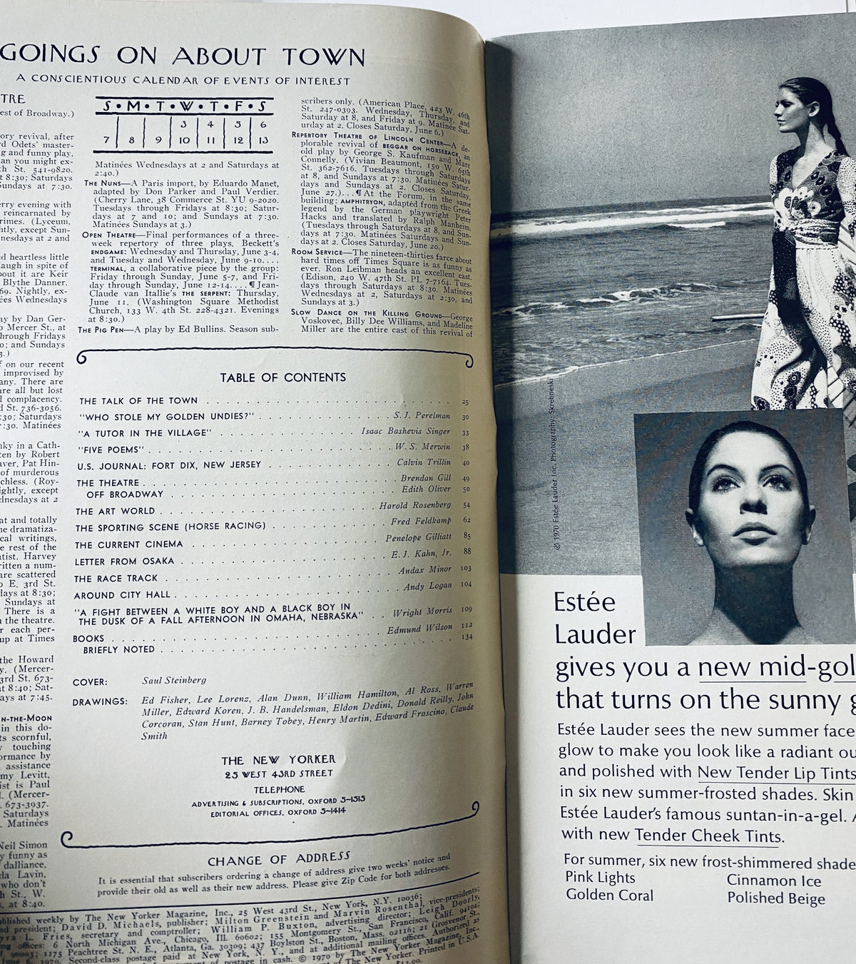 The New Yorker Magazine June 6, 1970 interior page displaying the Table of Contents and a promotional ad for Estée Lauder, showcasing the magazine's features and contributors.