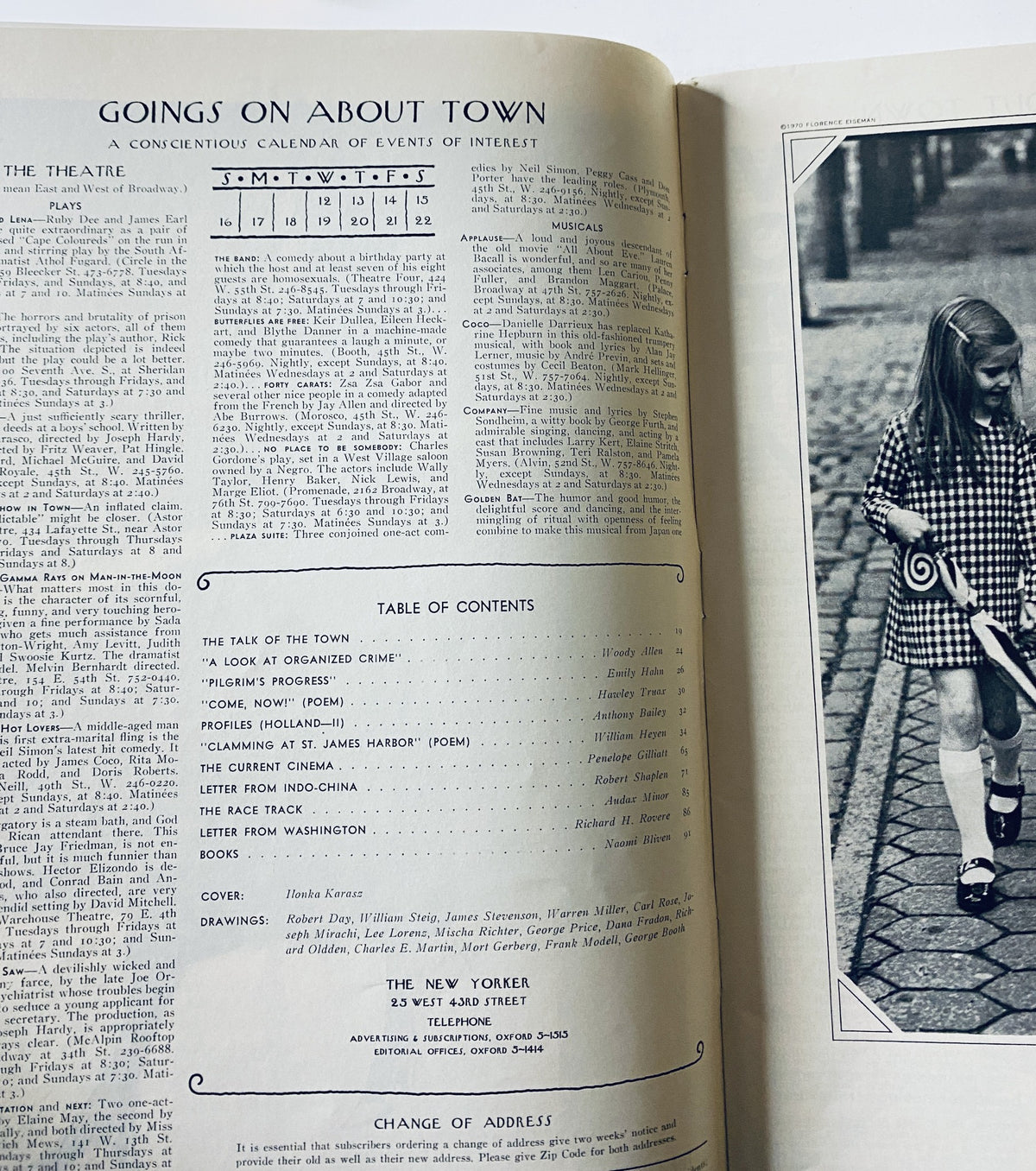 An interior page of The New Yorker Magazine August 15, 1970 displaying the Table of Contents and events calendar.