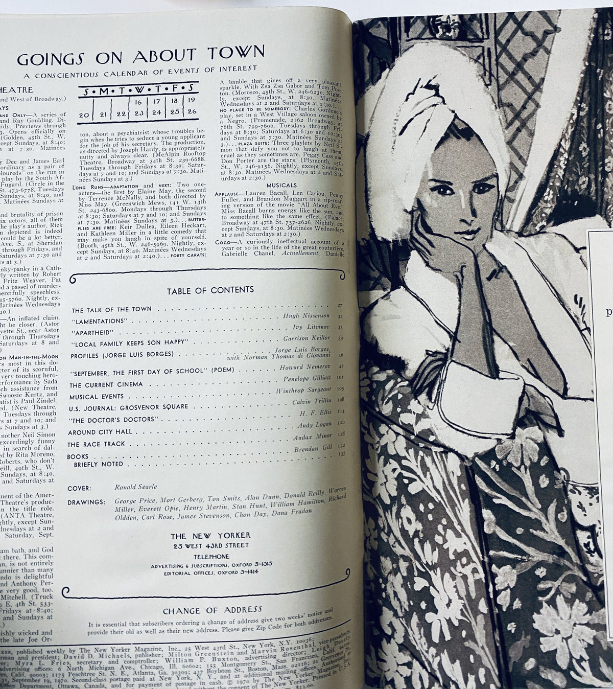 Interior page of The New Yorker Magazine September 19, 1970 featuring the table of contents and an illustration of a woman, showcasing Ronald Searle's dog walker cover art. Highlighting articles like 'Lamentations' by Hugh Nissenson and 'Profiles: Jorge Luis Borges'.