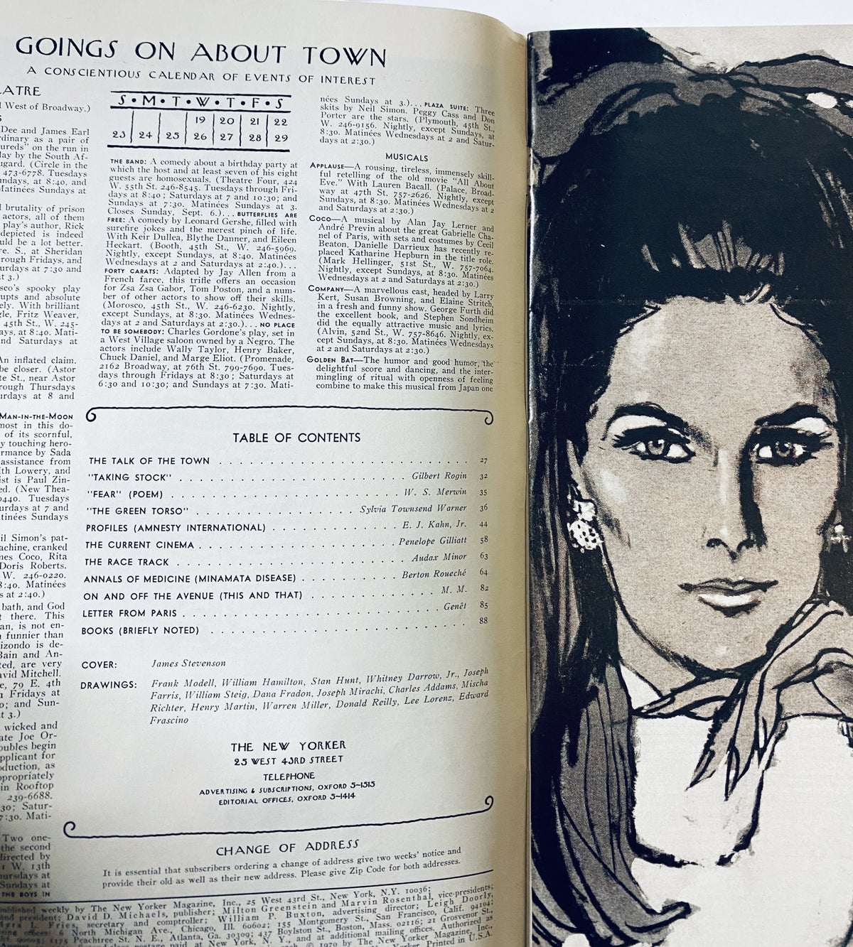 Inside page of The New Yorker Magazine August 22, 1970 displaying the table of contents with artistic illustration of a woman's face, highlighting various articles and features.
