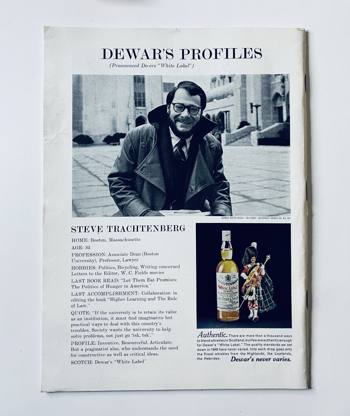 Back cover of The New Yorker Magazine August 22, 1970 showcasing an advertisement for Dewar's profiles featuring Steve Trachtenberg, a Boston native and writer.