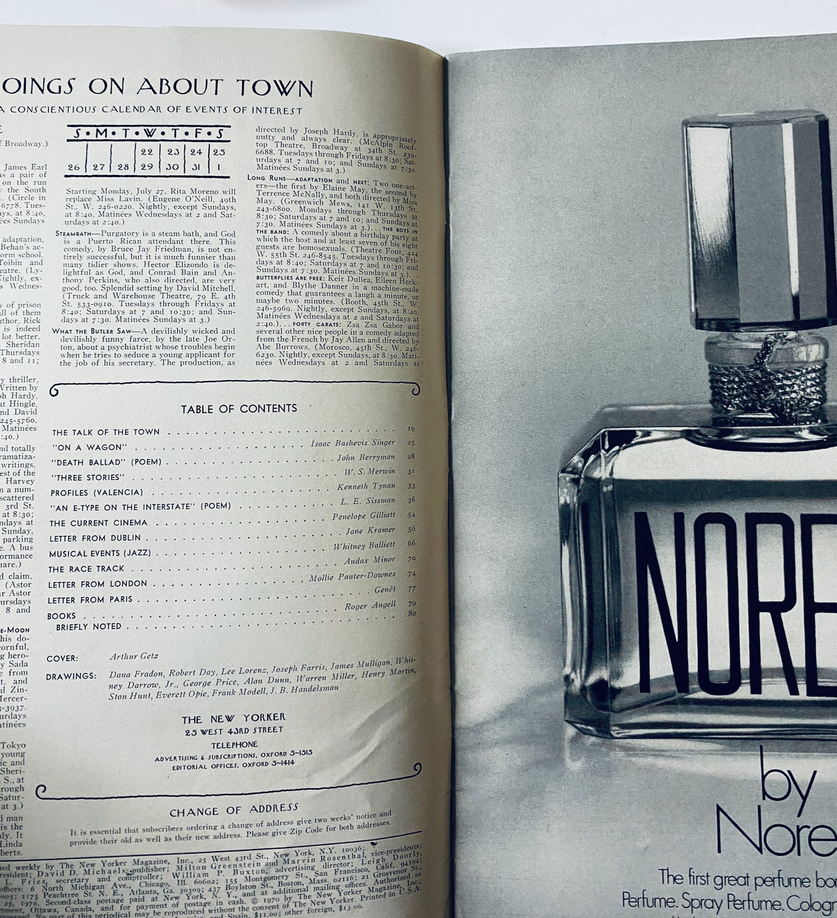 Inside page of The New Yorker Magazine July 25, 1970 displaying the Table of Contents alongside a vintage advertisement for Norella perfume.