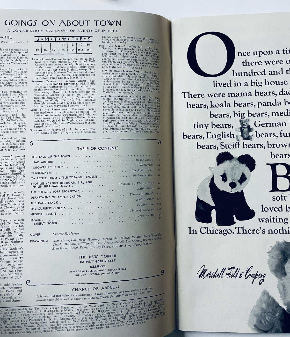 Inside pages of The New Yorker Magazine March 14, 1970, showing event calendar and the table of contents, highlighting notable articles and illustrations.