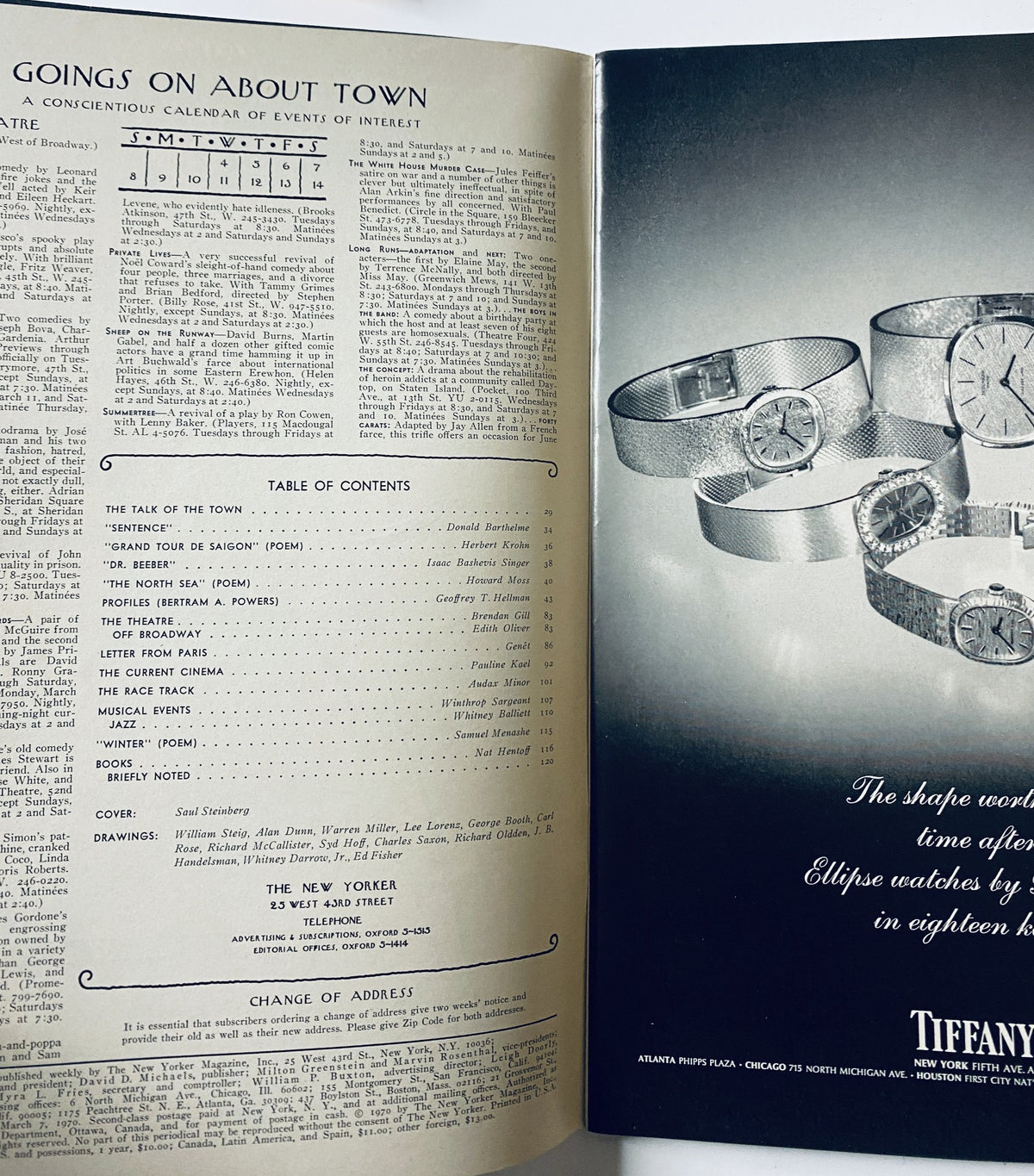 Interior page of The New Yorker Magazine, March 7, 1970, showcasing listings of events, a calendar of interests, and the Table of Contents. An advertisement for Tiffany watches is visible.