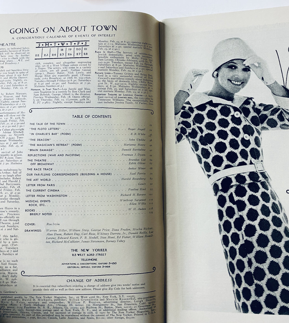 Interior page of The New Yorker Magazine, February 21, 1970, showcasing the table of contents and upcoming events with a fashionable woman in a polka dot outfit.
