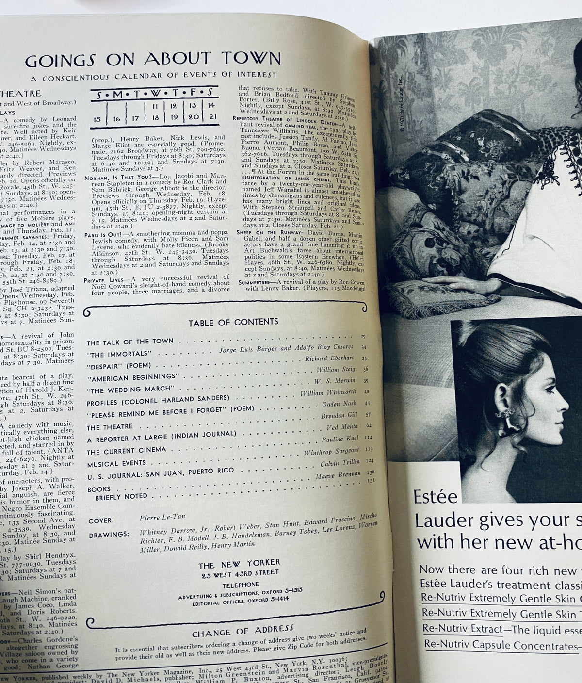 Inside pages of The New Yorker Magazine February 14, 1970 showcasing the table of contents and events of interest, including literary and theatre reviews.