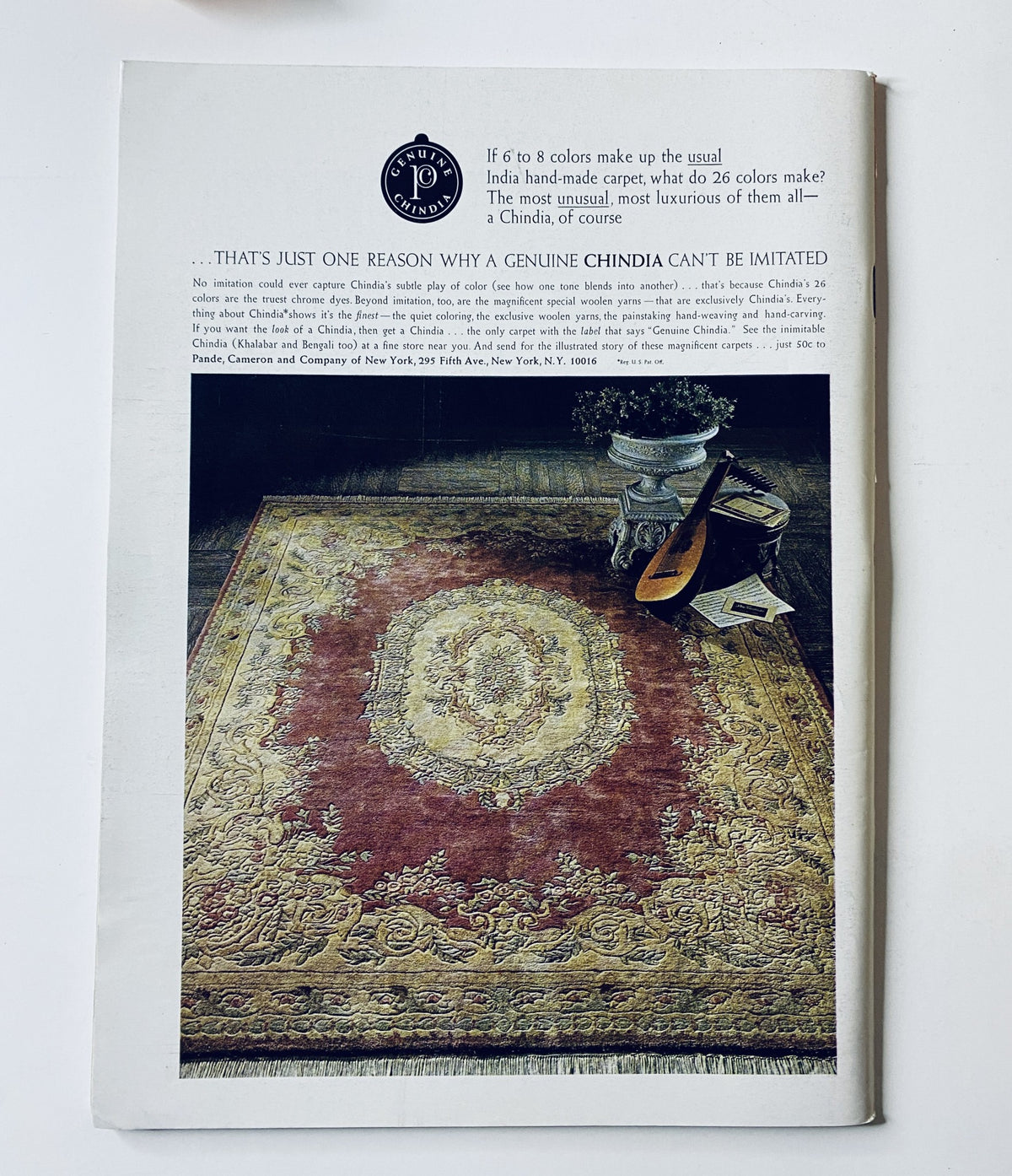 An advertisement from The New Yorker Magazine February 14, 1970 promoting a handmade Indian carpet, emphasizing its unique qualities.