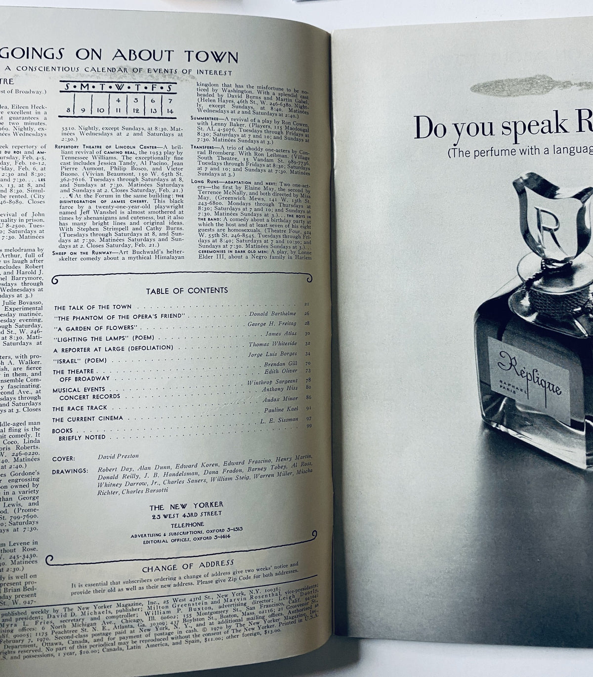Inside spread of The New Yorker Magazine February 7, 1970, displaying the Table of Contents alongside an advertisement for a perfume with a clear bottle.