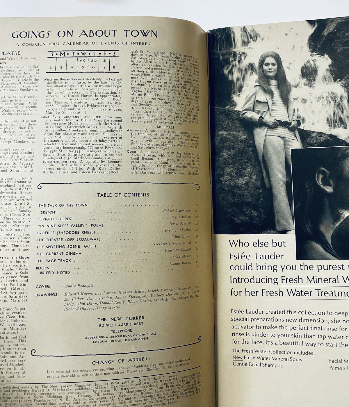 Inside spread of The New Yorker Magazine August 1, 1970 displaying the Table of Contents and the Goings On About Town section, with various events listed.