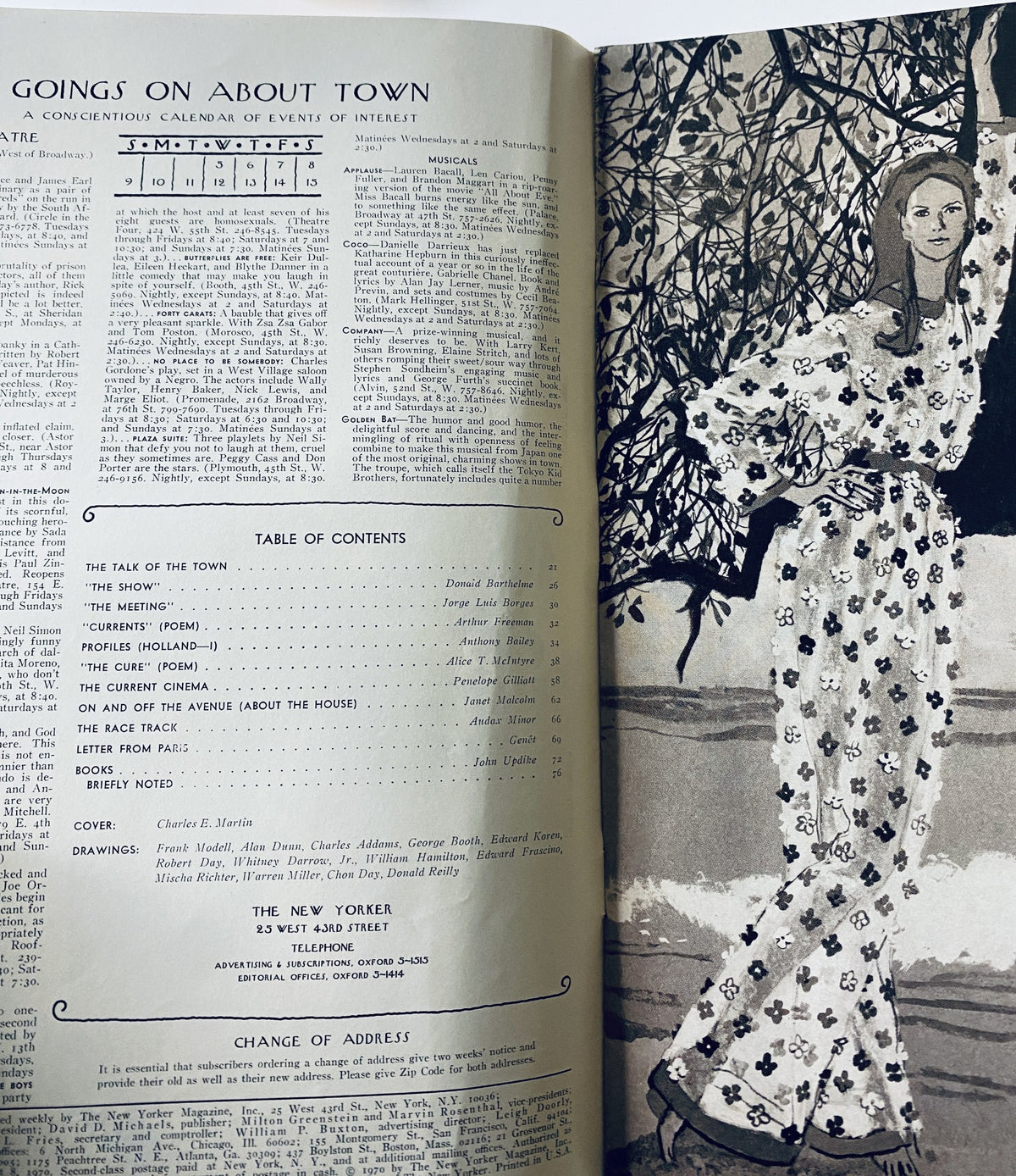 Interior page of The New Yorker magazine, August 8, 1970, displaying the Table of Contents including sections like 'The Talk of the Town' and 'Profiles' along with artistic contributions by various illustrators. Design showcases elegant typography.