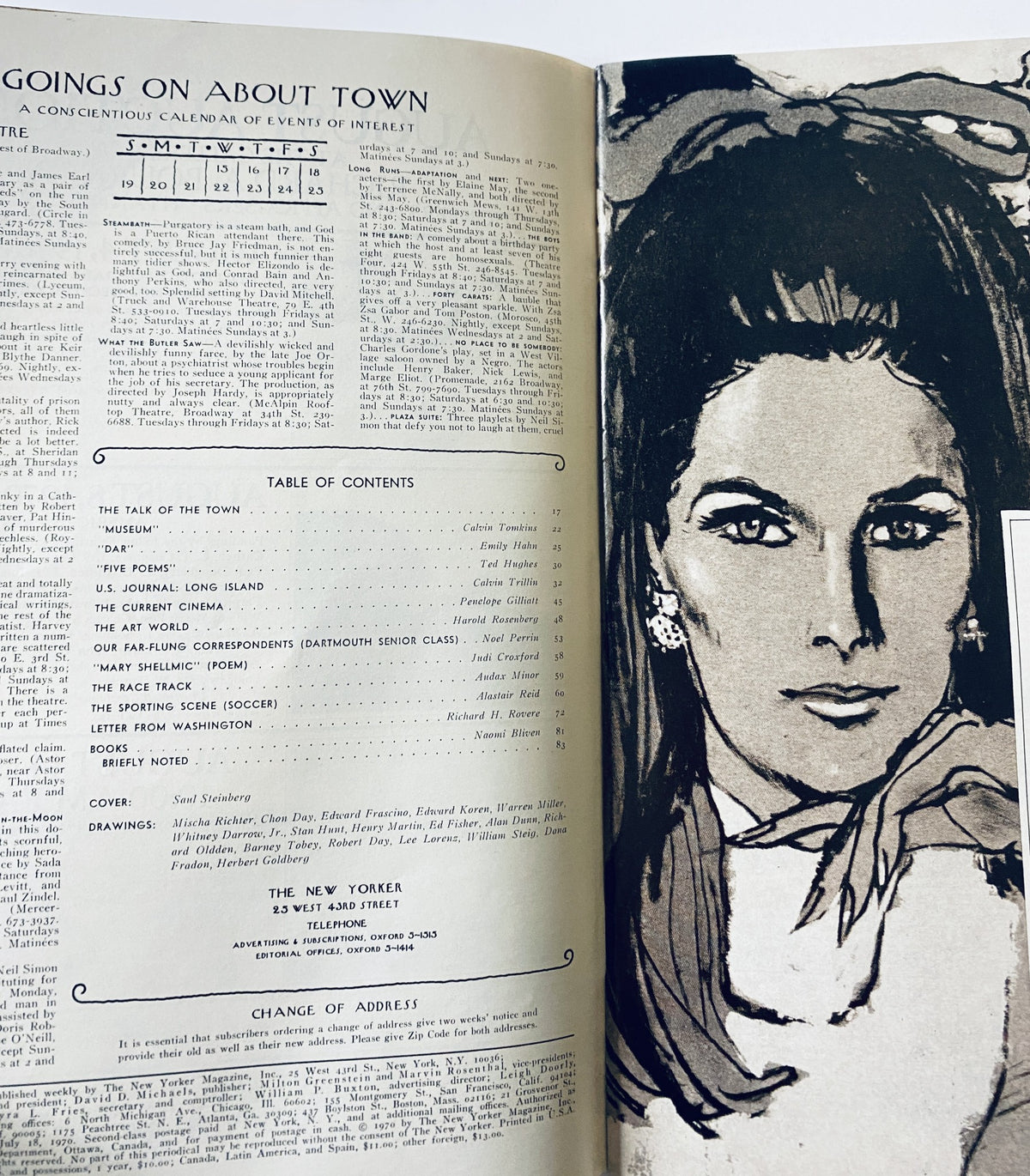 Interior page of The New Yorker Magazine dated July 18, 1970, showcasing the Table of Contents alongside a portrait illustration by Saul Steinberg. The page outlines various features including 'The Talk of the Town' and other articles.
