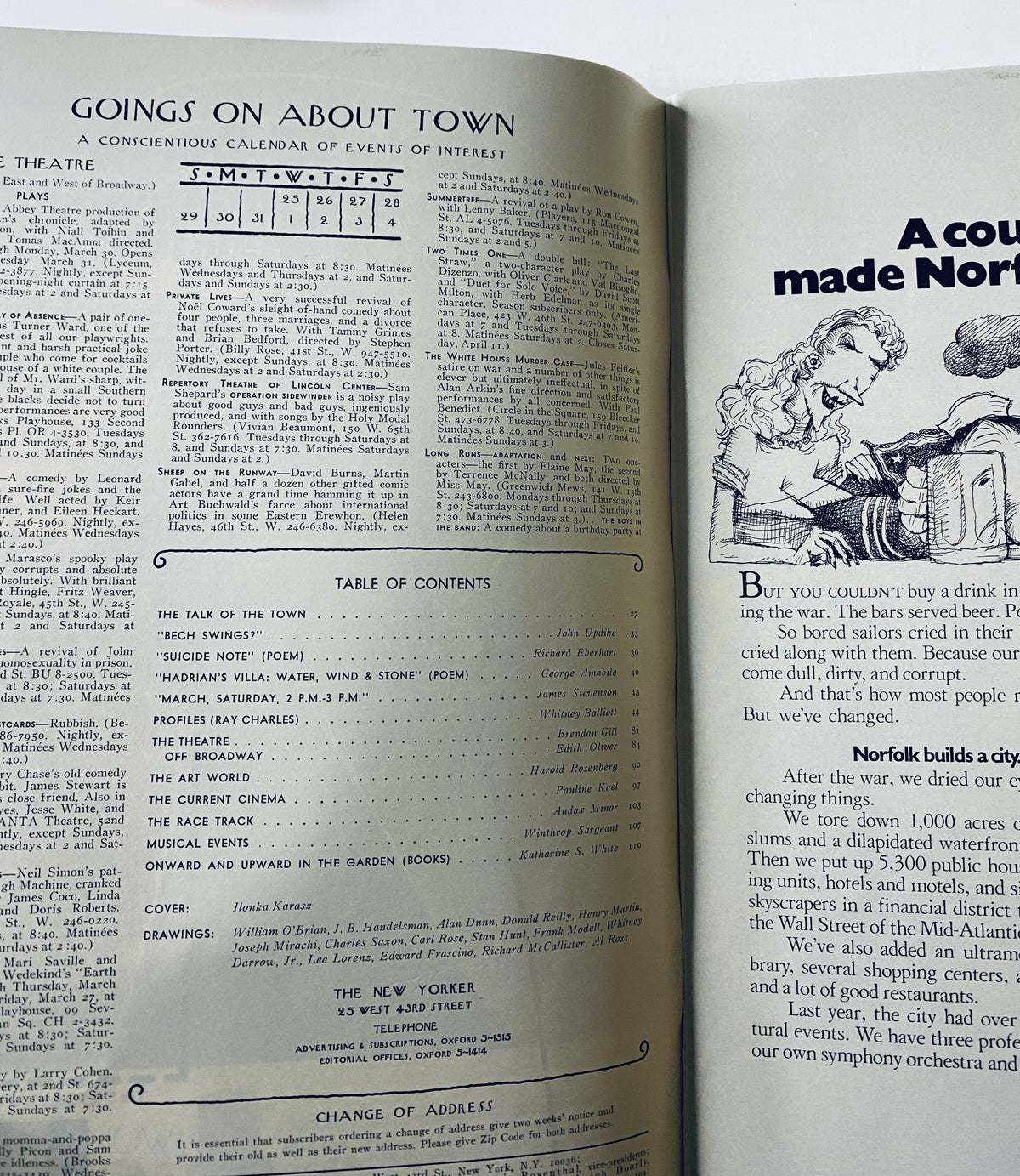 Inside pages of The New Yorker Magazine March 28, 1970, featuring a calendar of events and table of contents, showcasing Ilonka Karasz's Easter Eggs cover.