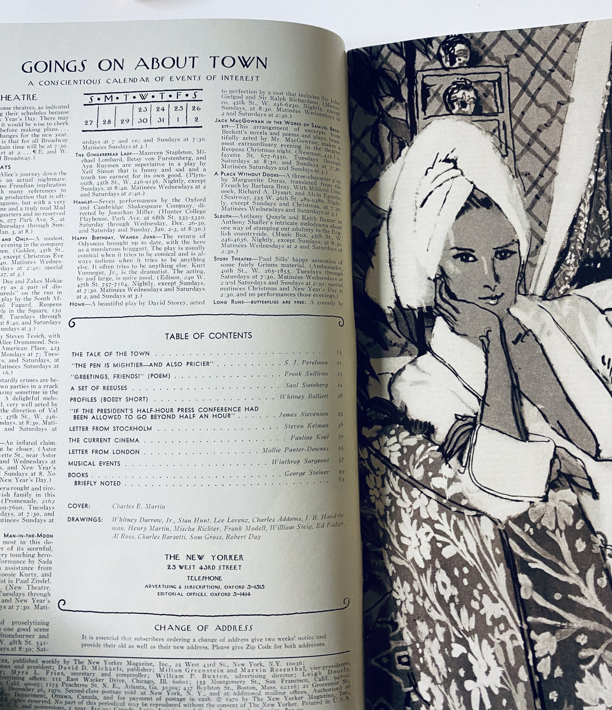Interior page from The New Yorker Magazine December 26, 1970, showcasing a calendar of events and the table of contents.