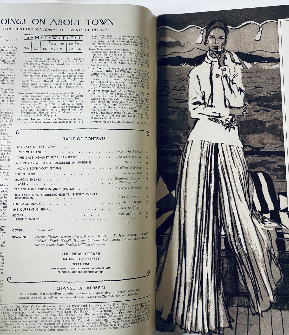 The New Yorker Magazine May 23, 1970 cover featuring a city skyline construction illustration by Arthur Getz, with visible content table and articles listed.