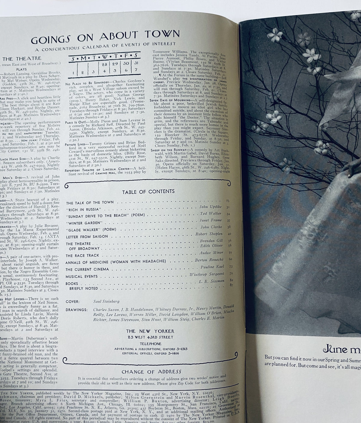 Interior page of The New Yorker Magazine January 31, 1970 showing the Table of Contents and a calendar, featuring topics like 'The Talk of the Town' and contributions by various authors.
