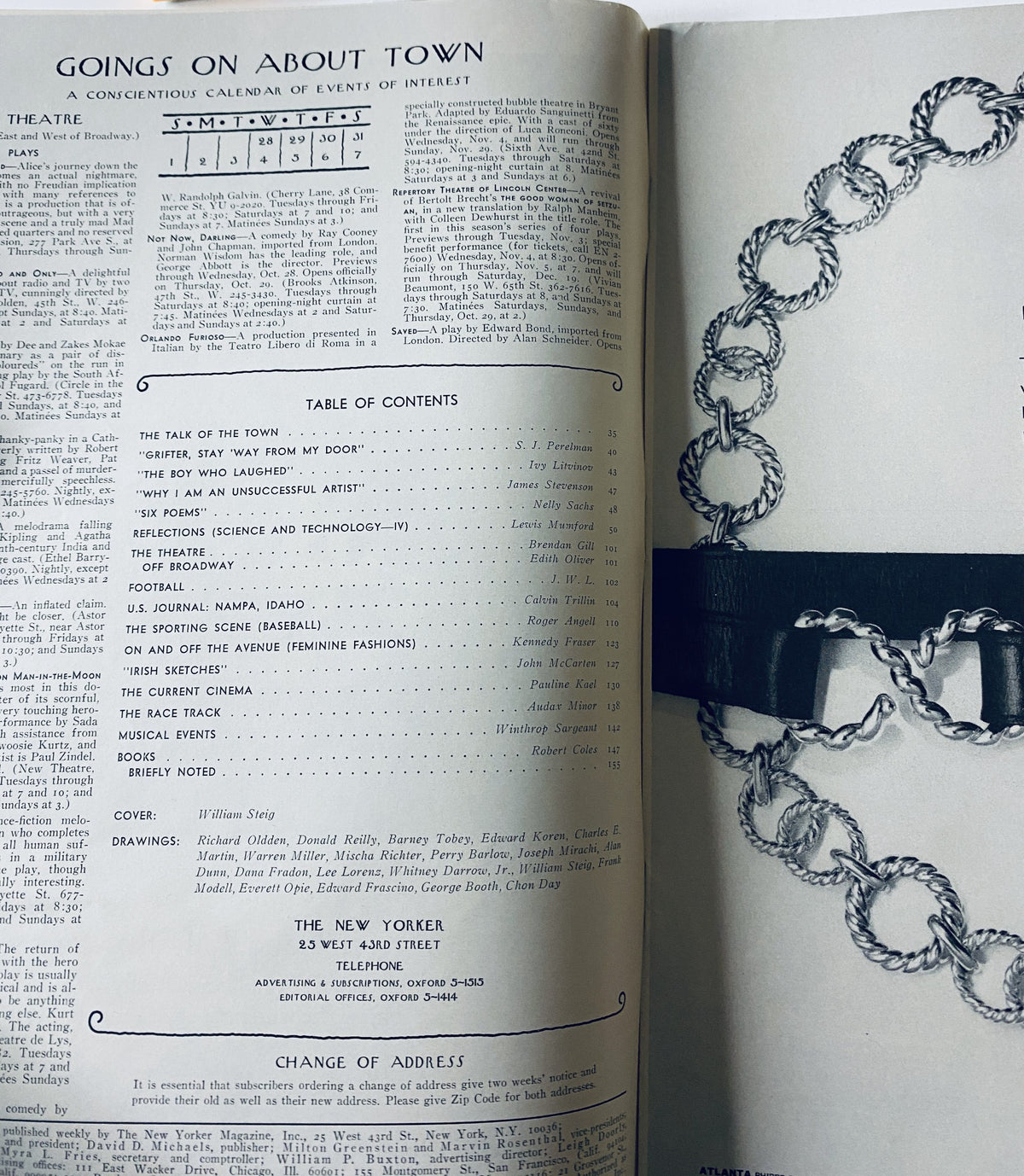 Inside page of The New Yorker Magazine October 31, 1970, displaying the Table of Contents and a feature on events of interest with 'The Talk of the Town' highlighted.