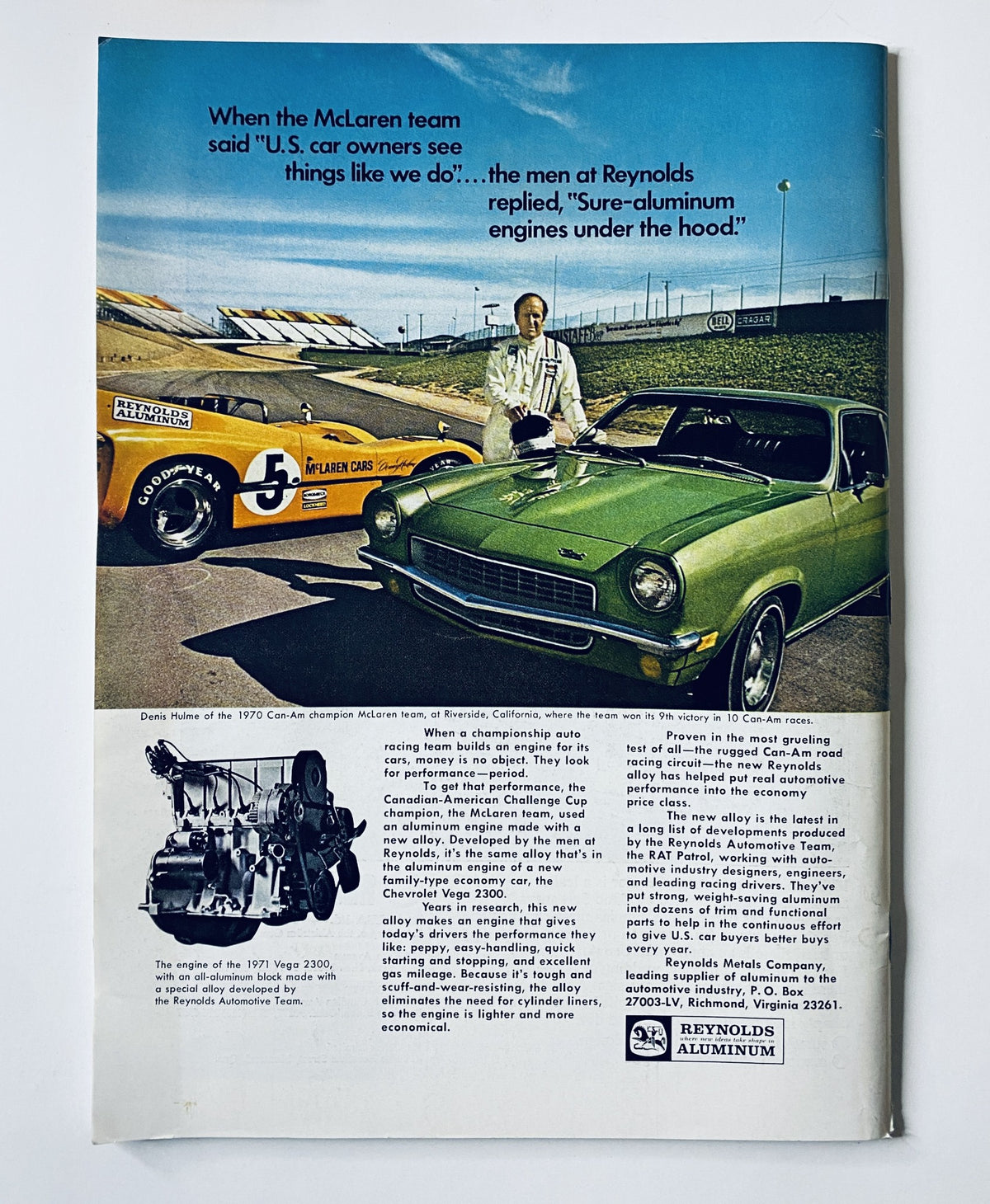 Back cover of The New Yorker Magazine May 8, 1971, advertising Reynolds Aluminum with a vibrant image of a man next to a green car, emphasizing innovation in automotive design.