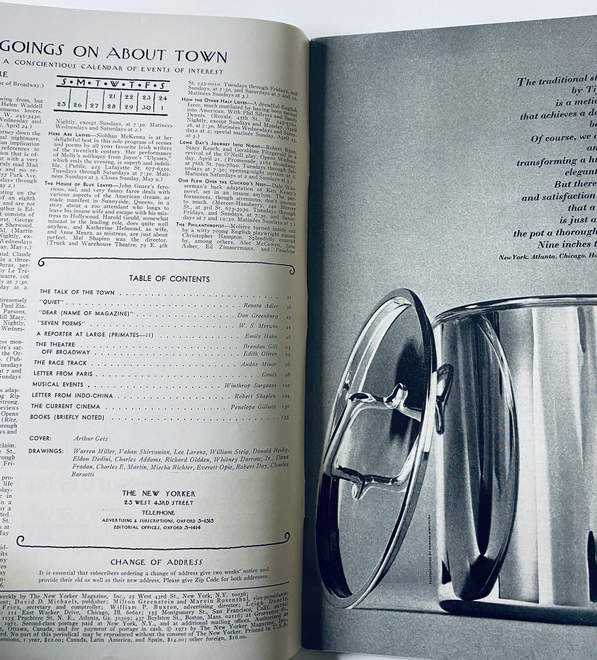 The New Yorker Magazine April 24, 1971 featuring a detailed Table of Contents and event calendar, showing content from various contributors. The magazine is in very good condition.