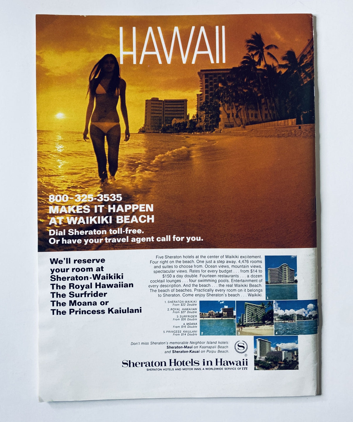Advertisement for Sheraton Hotels in Hawaii from The New Yorker Magazine July 10, 1971, featuring a silhouette of a woman on Waikiki Beach with hotel listings and contact details.
