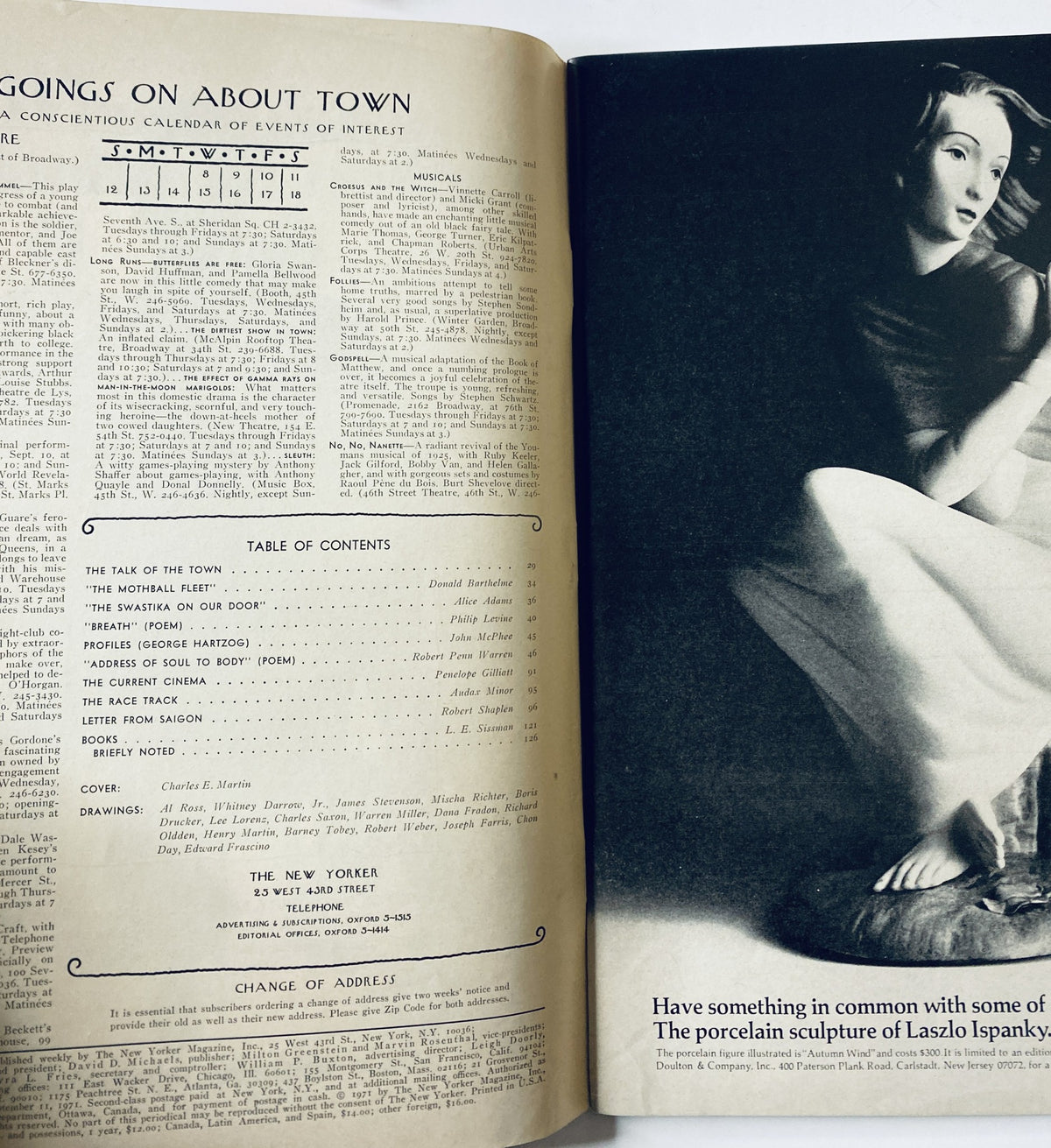 Inside spread of The New Yorker Magazine from September 11, 1971, displaying the Table of Contents and a stylish black and white photograph of a model.