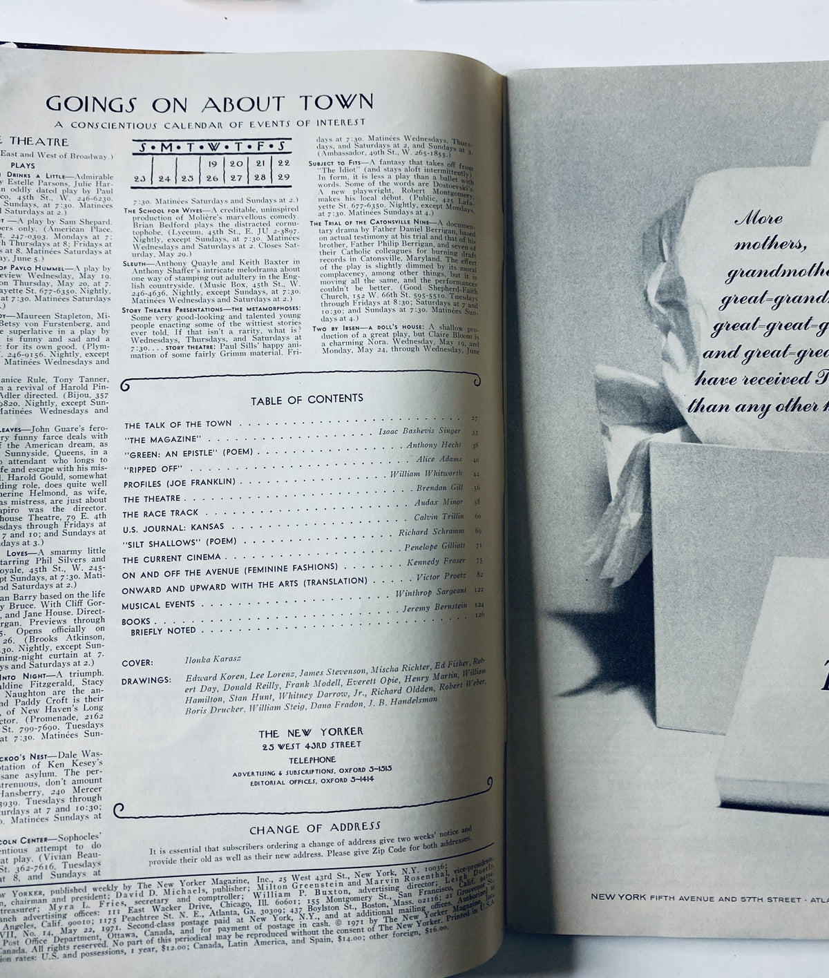 Interior page of The New Yorker magazine from May 22, 1971, showcasing the Table of Contents, highlighting key articles and illustrations, designed for reader navigation.