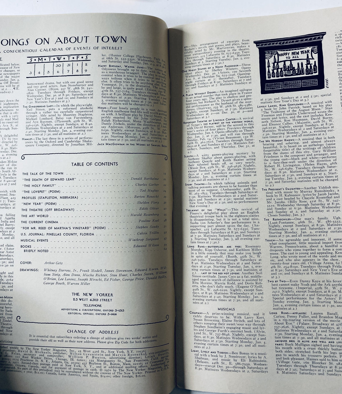 Inside pages of The New Yorker Magazine January 2, 1971 displaying the Table of Contents and an article titled 'The Death of Edward Lear', indicating magazine content and features.