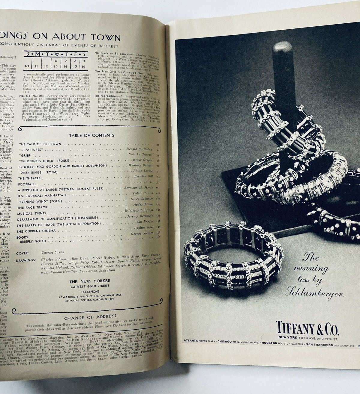 Inside page from The New Yorker Magazine dated October 9, 1971 showcasing the table of contents alongside a vintage Tiffany advertisement featuring elegant jewelry.