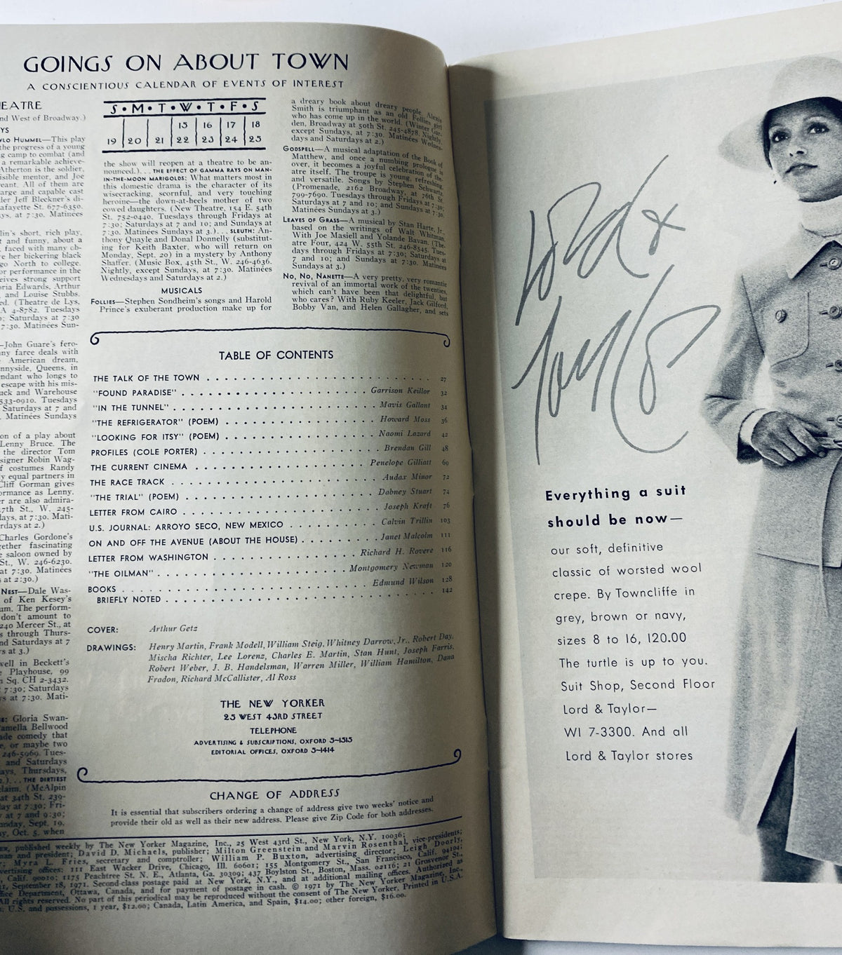 Interior page from The New Yorker Magazine, September 18, 1971, listing 'Goings On About Town' and the Table of Contents, with a stylish advertisement featuring a woman in a fashionable suit.