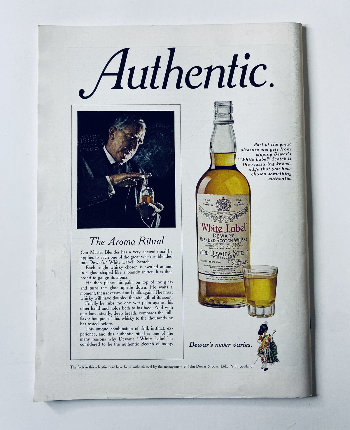 An advertisement for Dewar's Scotch whisky featuring the phrase 'Authentic' at the top, showcasing a man measuring whisky with a glass and a bottle of Dewar's White Label, promoting the aroma ritual of whisky tasting. Includes the text: 'Part of the great tradition of Dewar's White Label, this is the whisky chosen authentic.'