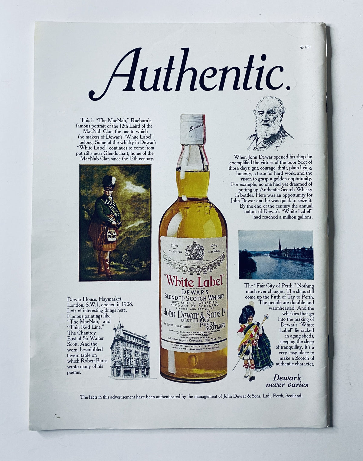 Vintage advertisement for Dewar's White Label Whisky featured in The New Yorker Magazine May 29, 1971 with an illustration of a whisky bottle and historical context.