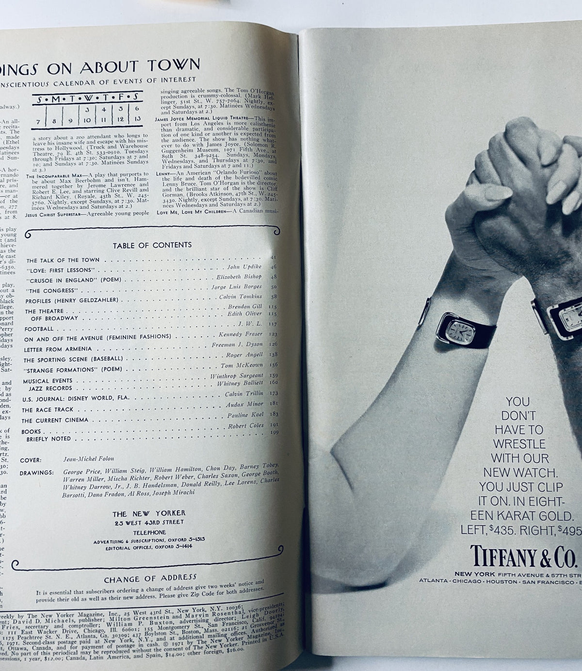 Interior page of The New Yorker Magazine November 6, 1971 displaying the Table of Contents, including notable articles such as 'Love: First Lessons' by John Updike and more.