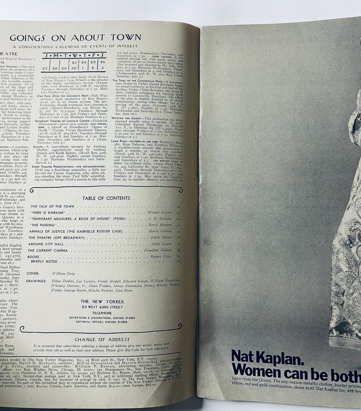 Inside page of The New Yorker Magazine June 26, 1971 showcasing the Table of Contents and event calendar, reflecting the period's cultural highlights and the magazine's structure.