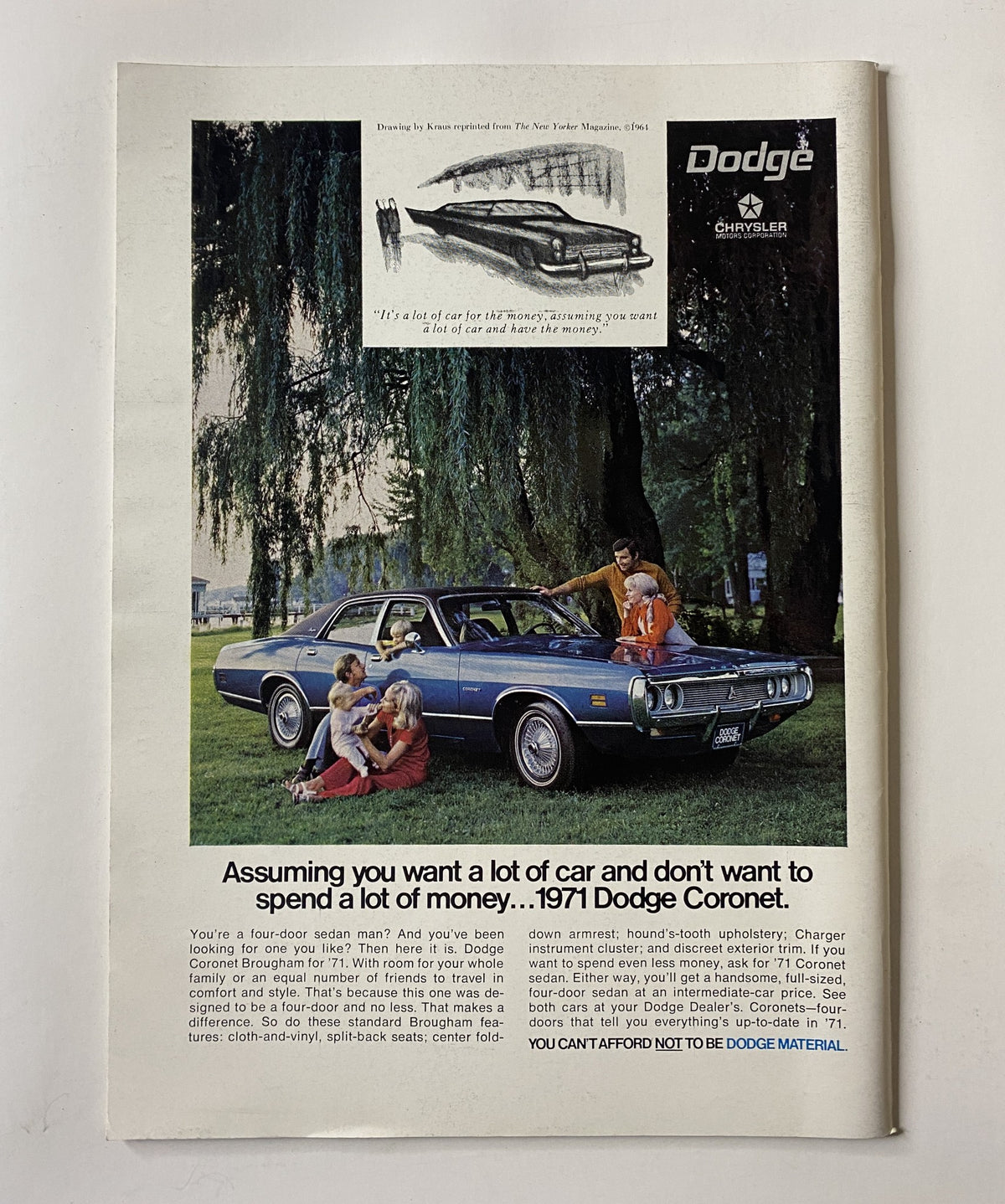 Advertisement page for Dodge cars featured in The New Yorker Magazine January 9, 1971, highlighting the Dodge Coronet with a family relaxing outdoors beside the vehicle.