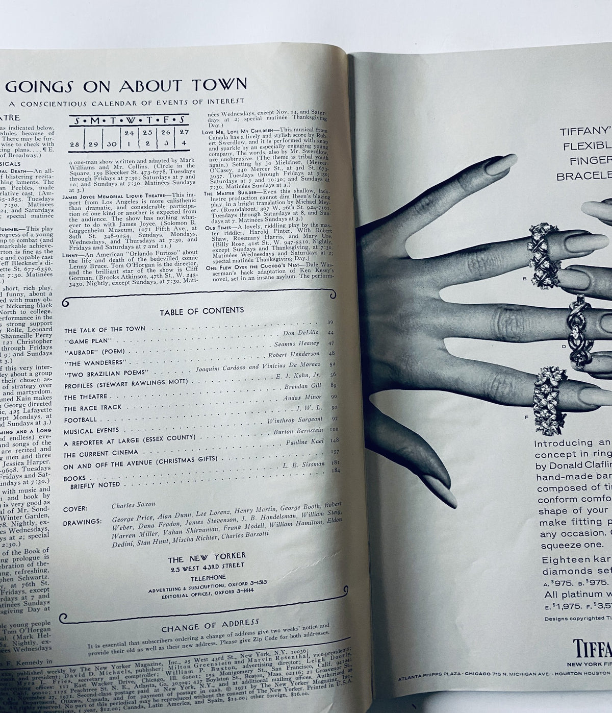 Inside spread of The New Yorker Magazine from November 27, 1971, displaying the Table of Contents along with a page featuring Tiffany jewelry advertisements. The layout highlights upcoming events and notable features from the issue.